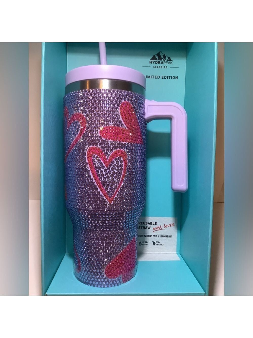 Hydrapeak Limited Edition Heart Pink & Purple Rhinestone 40oz Tumbler New